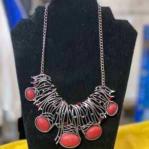 Red Crackle Stone and Silver Statement Necklace